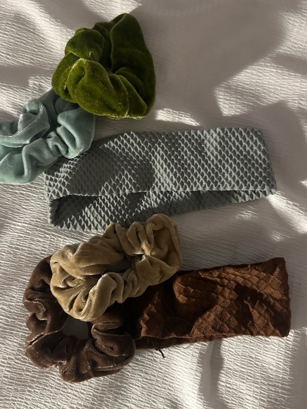 Velvet and Textured Neutral Scrunchie & Headband Set - Brown, Olive, Sage, Gray